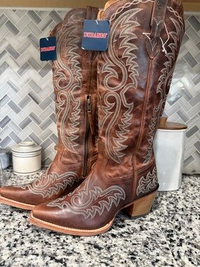 Durango Tall Brown Leather Western Heeled Boots with White and blue Stitching